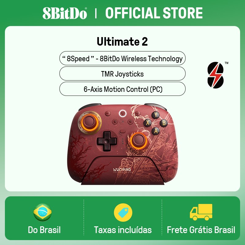 8BitDo Edição Limitada WUCHANG - Controle 8BitDo Ultimate Wireless com Dock, RGB, Joystick TMR, Motion Control, Trigger mode, sem fio, 1000mAh, trimode Bluetooth 2.4 usb-c, 1000hz, botões extras