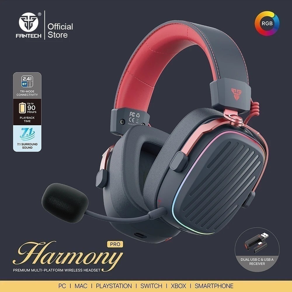 Headset Gamer Fantech Harmony PRO tri mode wireless sem fio 2.4g RGB