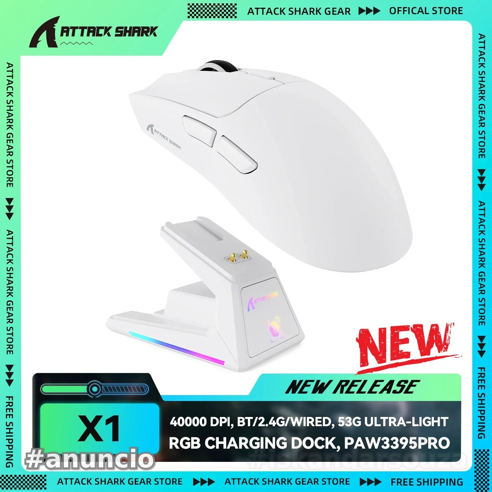 Mouse Gamer Attack Shark x1 Com Dock de Carregamento Touch Screen Trimode, PAW3395PRO, 40000 DPI, 53g ultraleve, BT2.4Gcom fio, paw 3395PRO 3395 Pro