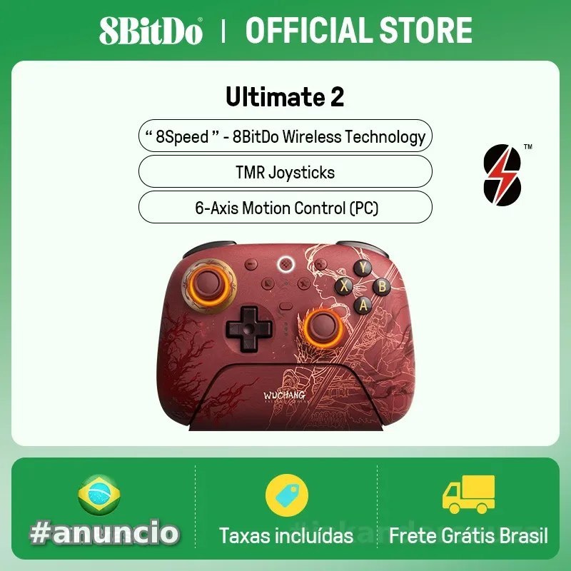 8BitDo Edição Limitada WUCHANG - Controle 8BitDo Ultimate Wireless com Dock, RGB, Joystick TMR, Motion Control, Trigger mode, sem fio, 1000mAh, trimode Bluetooth 2.4 usb-c, 1000hz, botões extras