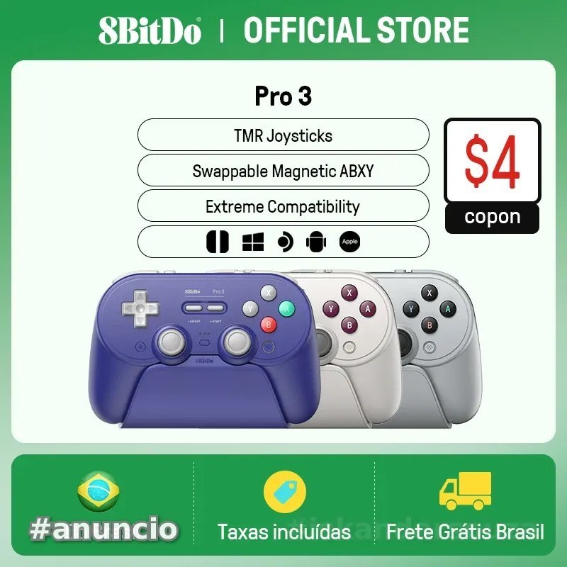 Controle Gamer 8BitDo Pro 3 Retrô, para Switch 12 Windows, Apple, Joysticks TMR, Retro