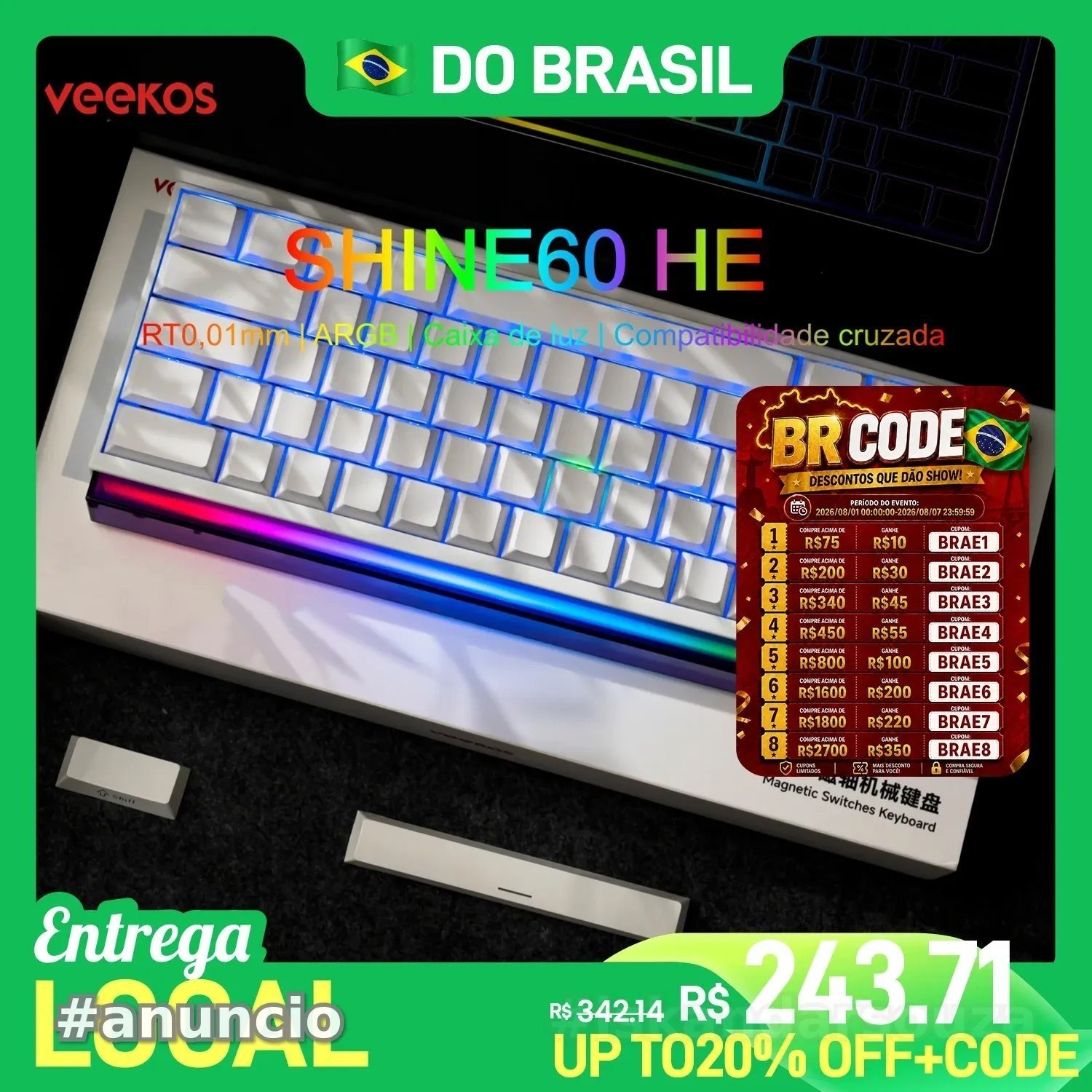 Veekos Teclado Shine60 HE 60 AGRB com Lightbox RT0.01mm Interruptor Magnético 8K wired com fio shine 60 60he shine60he