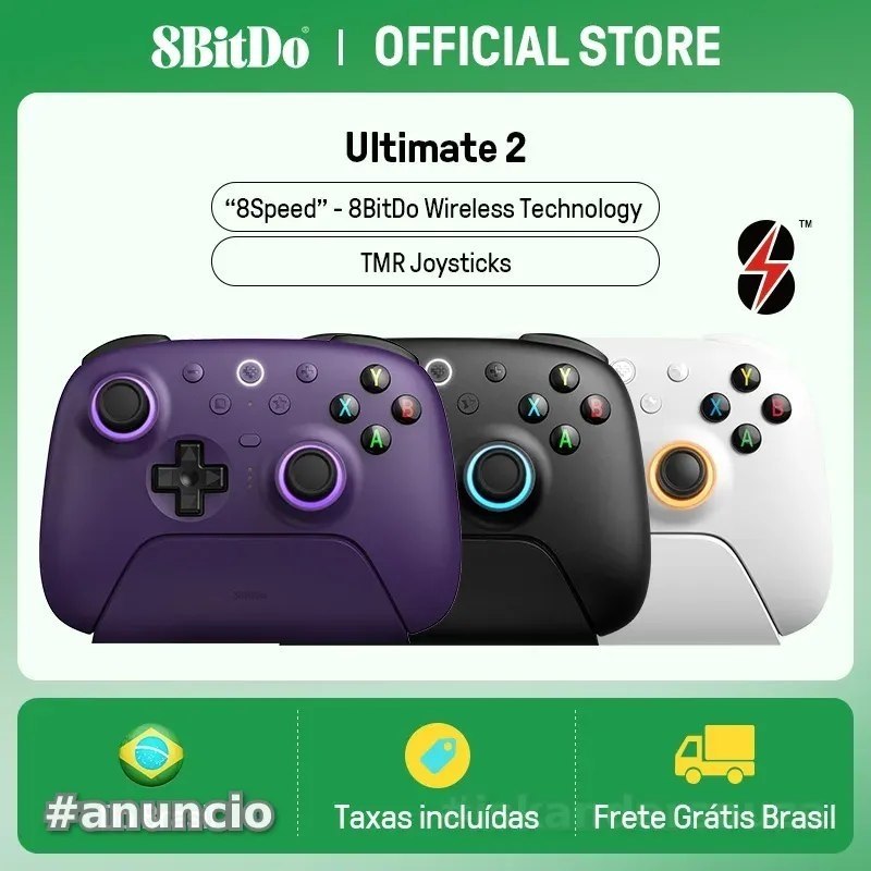 Controle 8BitDo Ultimate 2 Wireless com Dock, RGB, Joystick TMR, Motion Control, Trigger mode, sem fio, 1000mAh, trimode Bluetooth 2.4 usb-c, 1000hz, botões extras