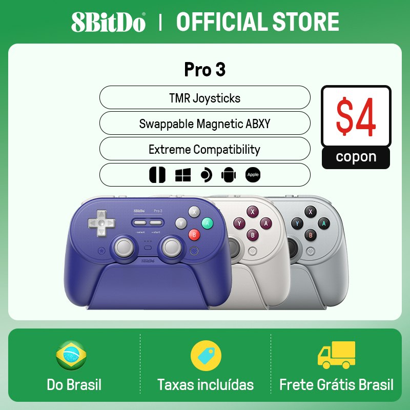 Controle Gamer 8BitDo Pro 3 Retrô, para Switch 12 Windows, Apple, Joysticks TMR, Retro