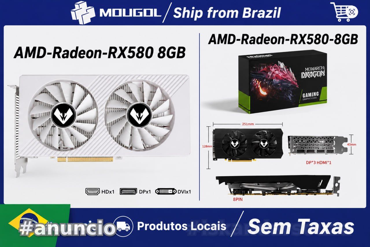 Placa de Vídeo  RX 580  8GB BRANCA  PRETA  RX580