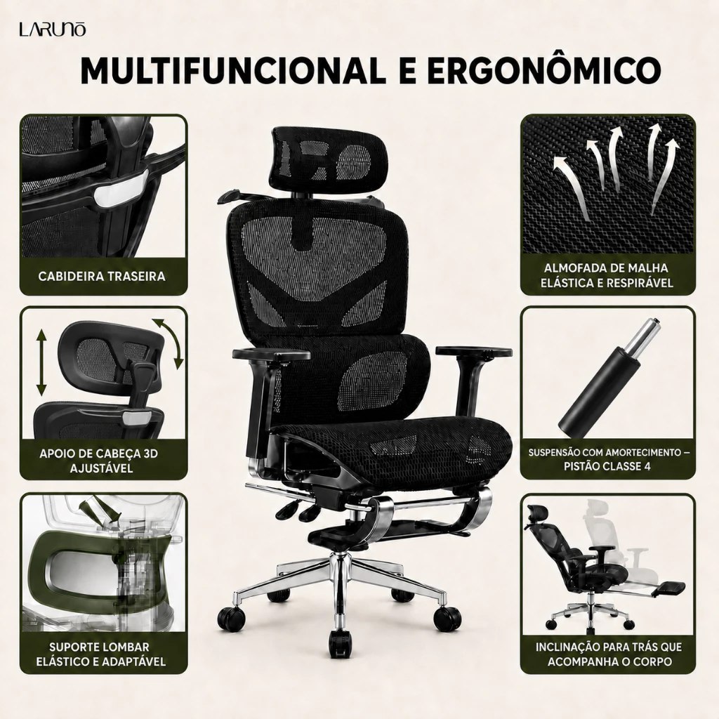 Cadeira de Escritório Ergonômica Reforçada Malha Respirável Ajustes Para Braços, Cabeça, Lombar e Apoio Pés - LARUNO