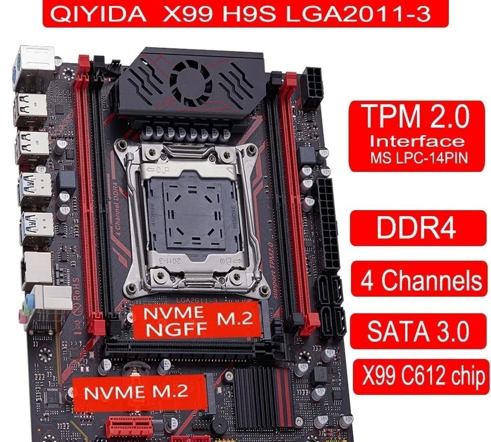 Placa mãe Qiyida X99 H9S Quad Channel Chipset C612. Tem suporte ao TPM 2.0 da MSI