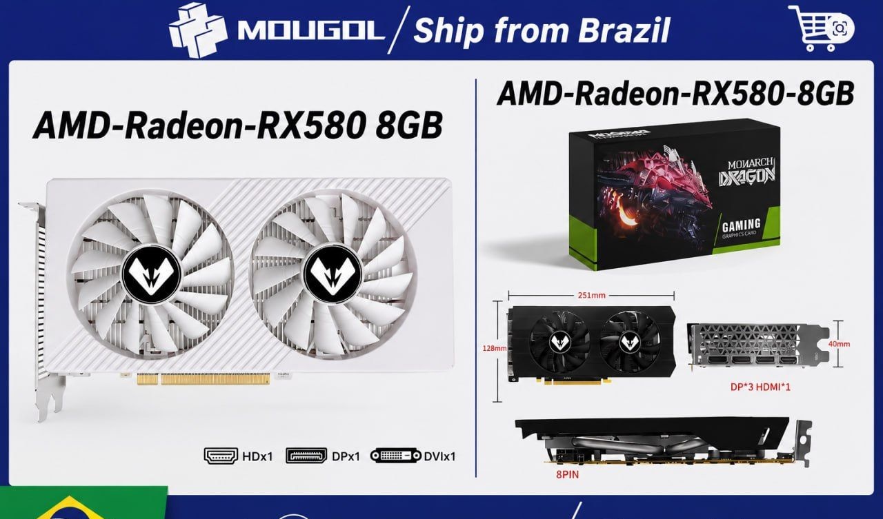 Placa de Vídeo  RX 580  8GB BRANCA  PRETA  RX580