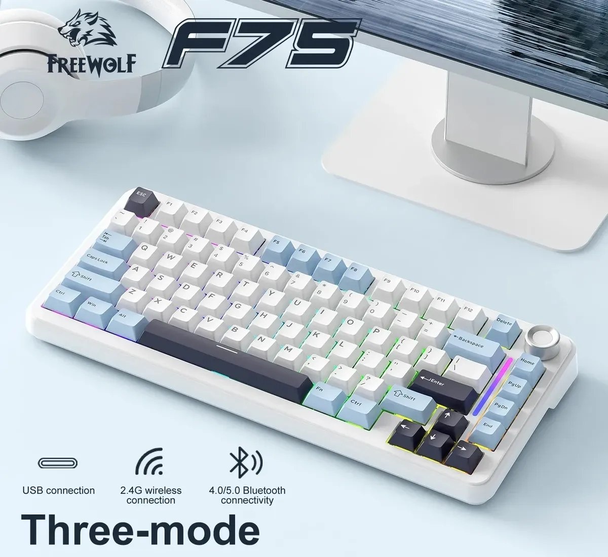 Internacional  FreeWolf Aula F75 Teclado Mecânico F75 Sem Fio 75 Rgb