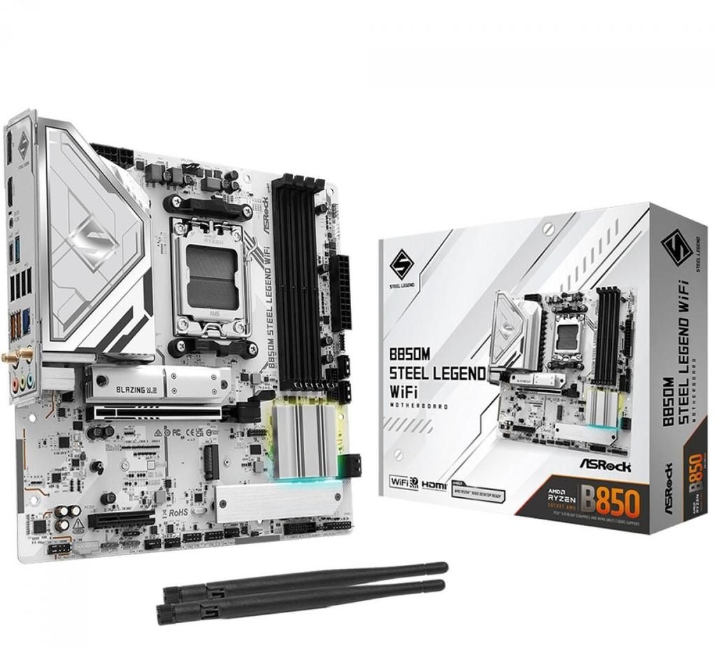 Placa Mãe ASRock B850M Steel Legend WiFi, Chipset B850, AMD AM5, mATX, DDR5, Branco