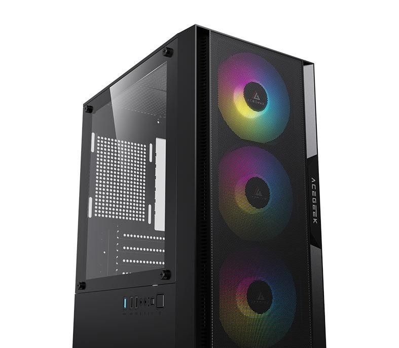 Gabinete Gamer Acegeek Stratus Mesh, Rainbow, Mid-Tower, Com 3 Fans, Preto, AG-STRATUS-MESH-BK-I3F
