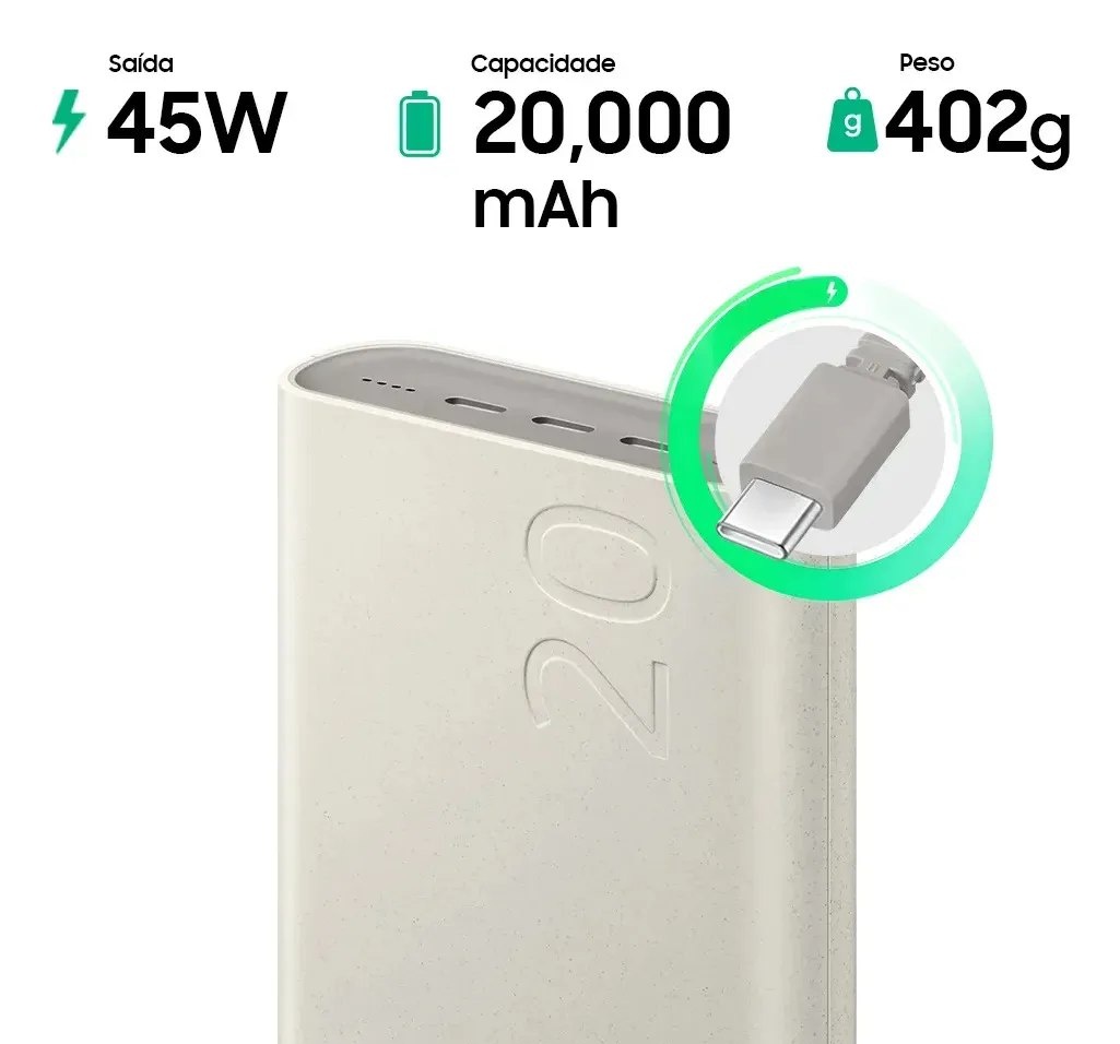 PowerBank Bateria Samsung Carregador Portatil 3x USB-C 20000mAh Super Rapida 45W powerbank