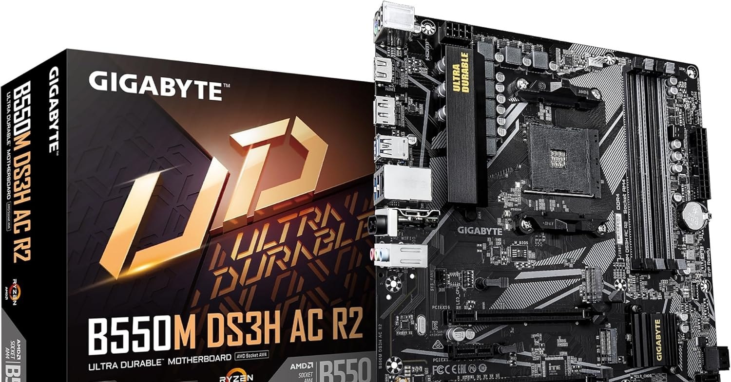 Placa-Mãe Gigabyte B550M DS3H AC R2 DDR4 AM4, Micro-ATX, Wi-Fi 5, 2 M.2, HDMIDisplayPort, 4 USB 3.2  Base GamerPC AMD