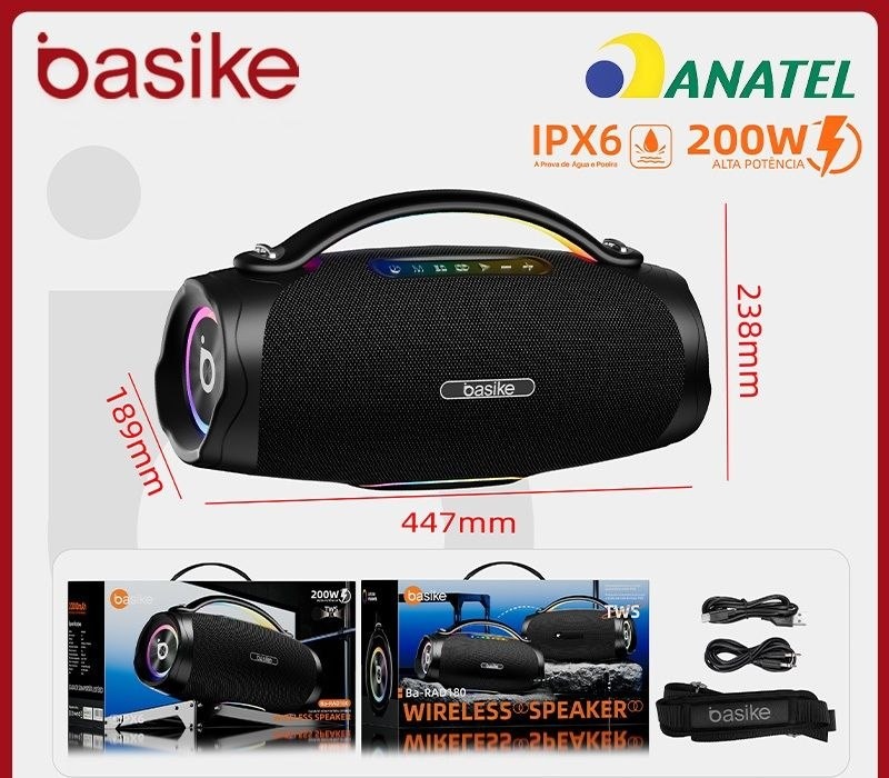 Caixa de Som Basike alto-falante bluetooth 5.4 sem fio 200W Caixa Subwoofer Som Estéreo De Alta Fidelidade Party Ipx6RAD180