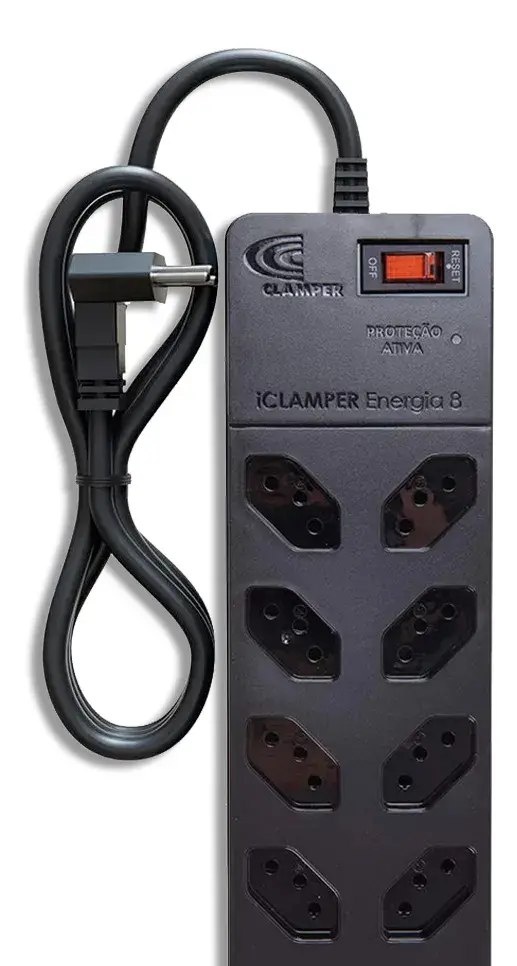 Filtro de Linha com Protetor de Surto DPS iCLAMPER Energia 8 Tomadas 3 Pinos 10 Amperes com Tecnologia LCF Anti Raio Cor Preto