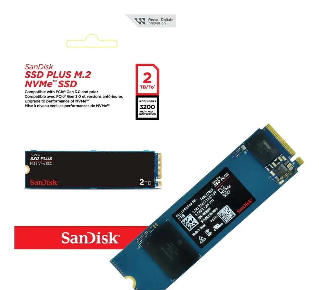 NVME SSD M.2 2280 2TB Sandisk Plus NVMe Pcie Gen3 SDSSDA3N-2T00-G26 Velocidade até 3200MBs