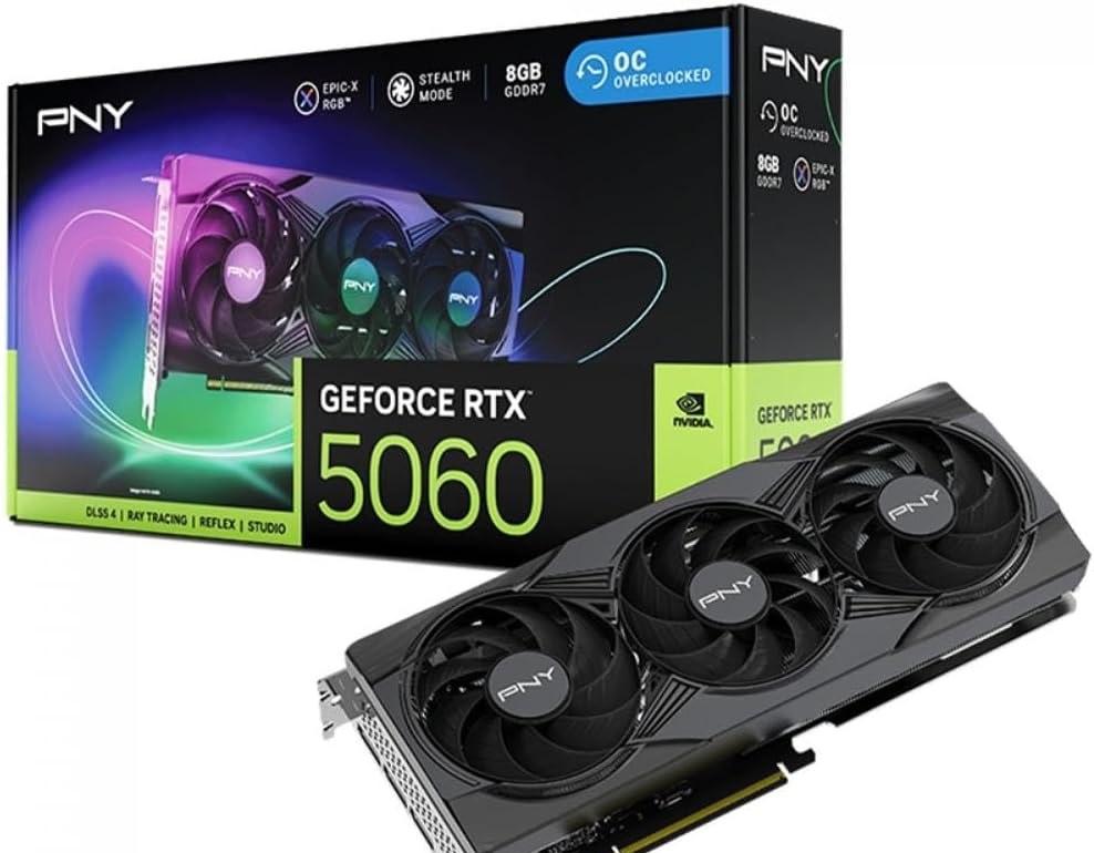 RTX 5060 Placa de Vídeo PNY Nvidia Geforce RTX5060 Epic-x Rgb Oc Triple Fan, 8gb, Gddr7, Dlss, Ray Tracing, Vcg50608tfxxpb1-o-tf