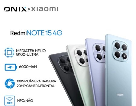Xiaomi Redmi Note 15 4G, Processador Mediatek Hélio G100-Ultra, Bateria 6000mAh, 1286GB RAM- 2568GB RAM
