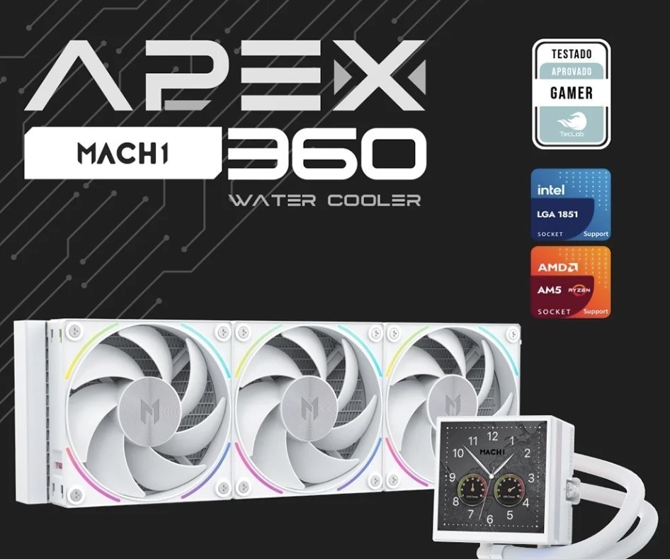 Water Cooler MACH1 APEX, ARGB, 360mm, com Tela LCD, AMD e Intel, Branco - AV360WH