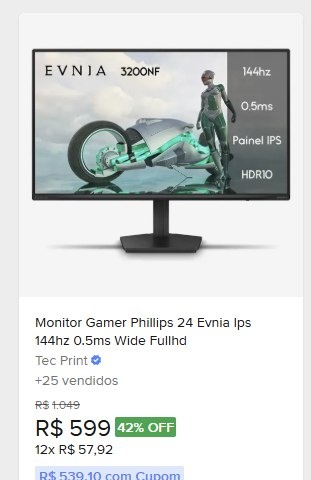 Monitor Gamer Phillips 24 Evnia Ips 144hz 0.5ms Wide Fullhd