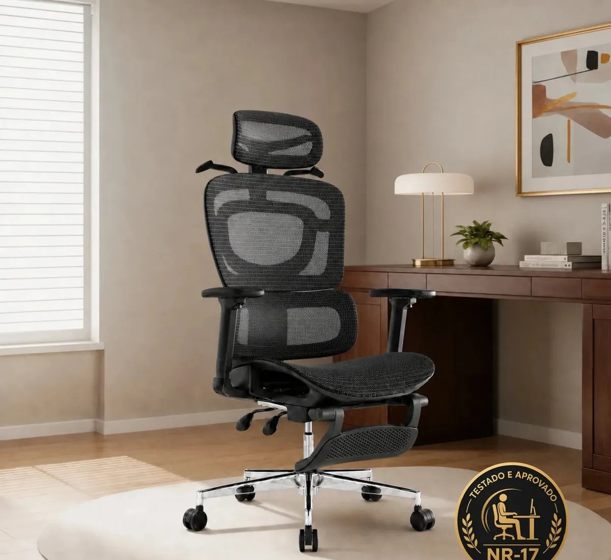 Cadeira De Escritório Ergonômica Giratoria Nr17 Malha Respirável Com Suporte Lombar Adaptável Apoio Para Pés Retrátil Encosto Ajustável Seis Posições Suporta 200kg Cor Preto P04 Corsair