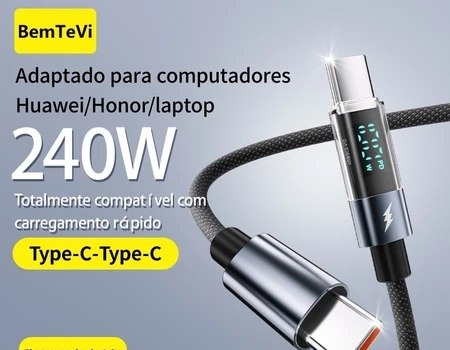 BemTeVi Cabo Tipo C USB PD 240W Cabo de dados de carregamento rápido 5A para iPhoneSamsungMotorola