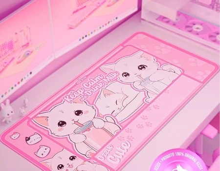 Mousepad Gamer Gatinhos 70x35 Rosa Fofinho Milktime Premium Estampa Alta Qualidade Original Ozzix Cute Cat Gato