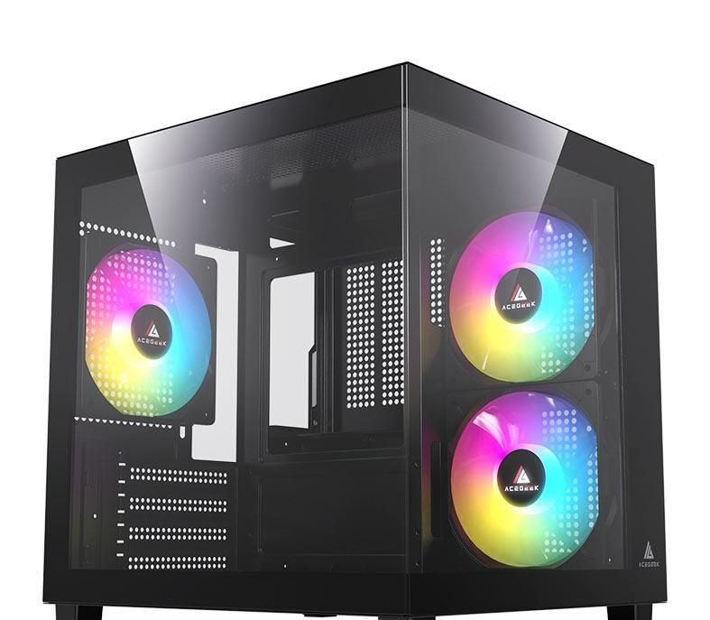 Gabinete Gamer Aquário Acegeek Ori Rainbow Mini-Tower Lateral e Vidro Com 3 Fans Preto, AG-ORI-BK-3F