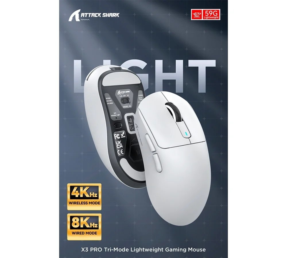Mouse Gamer sem Fio Attack Shark X3Pro 4K8K, Tri-Mode, 26.000 DPI, Sensor Óptico PAW3395, 7 Botões - Branco x3 pro