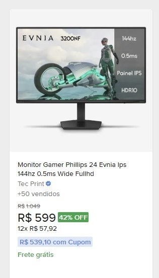 Monitor Gamer Phillips 24 Evnia Ips 144hz 0.5ms Wide Fullhd