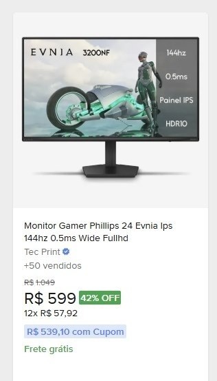 Monitor Gamer Phillips 24 Evnia Ips 144hz 0.5ms Wide Fullhd