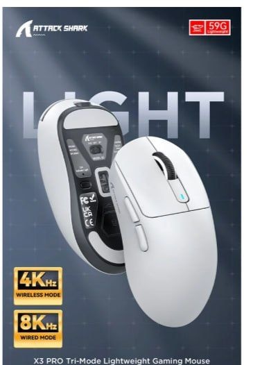 Mouse Gamer sem Fio Attack Shark X3Pro 4K8K, Tri-Mode, 26.000 DPI, Sensor Óptico PAW3395, 7 Botões - Branco