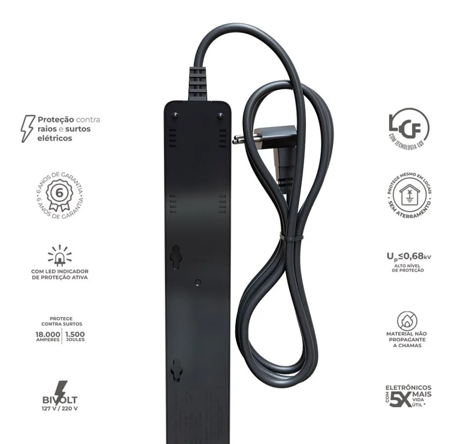 Filtro De Linha Dps Energia 5 Tomadas Iclamper Preto Clamper