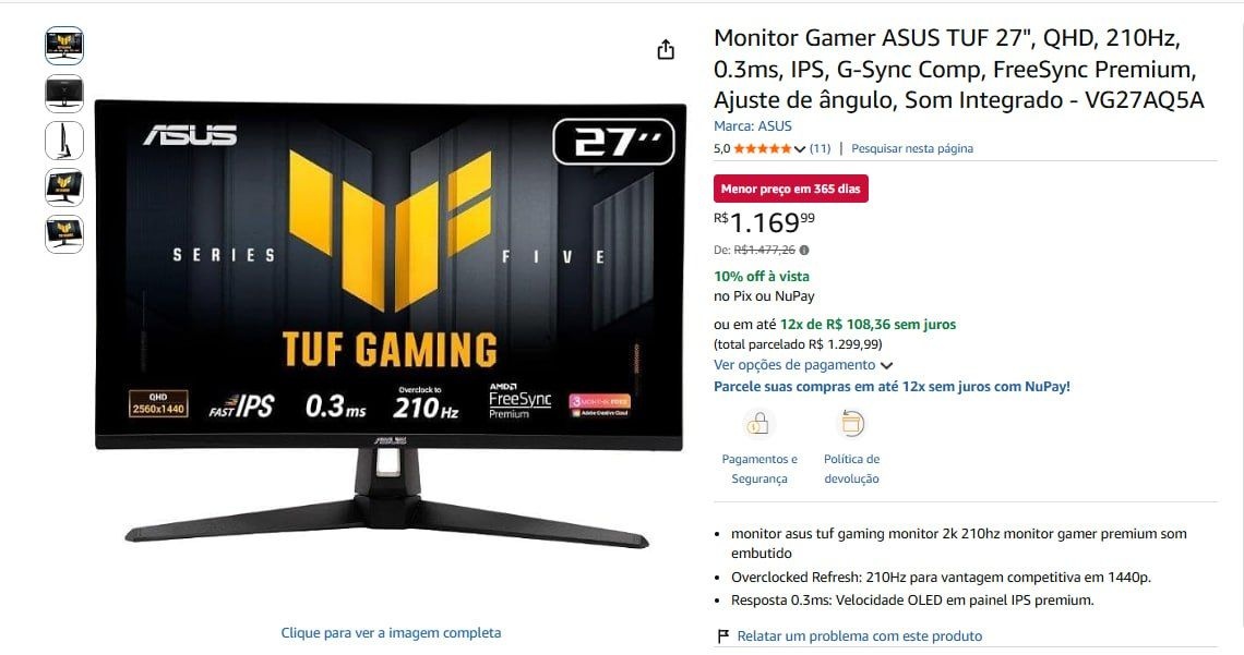 Monitor Gamer ASUS TUF 27, QHD, 210Hz, 0.3ms, IPS, G-Sync Comp, FreeSync Premium, Ajuste de ângulo, Som Integrado - VG27AQ5A