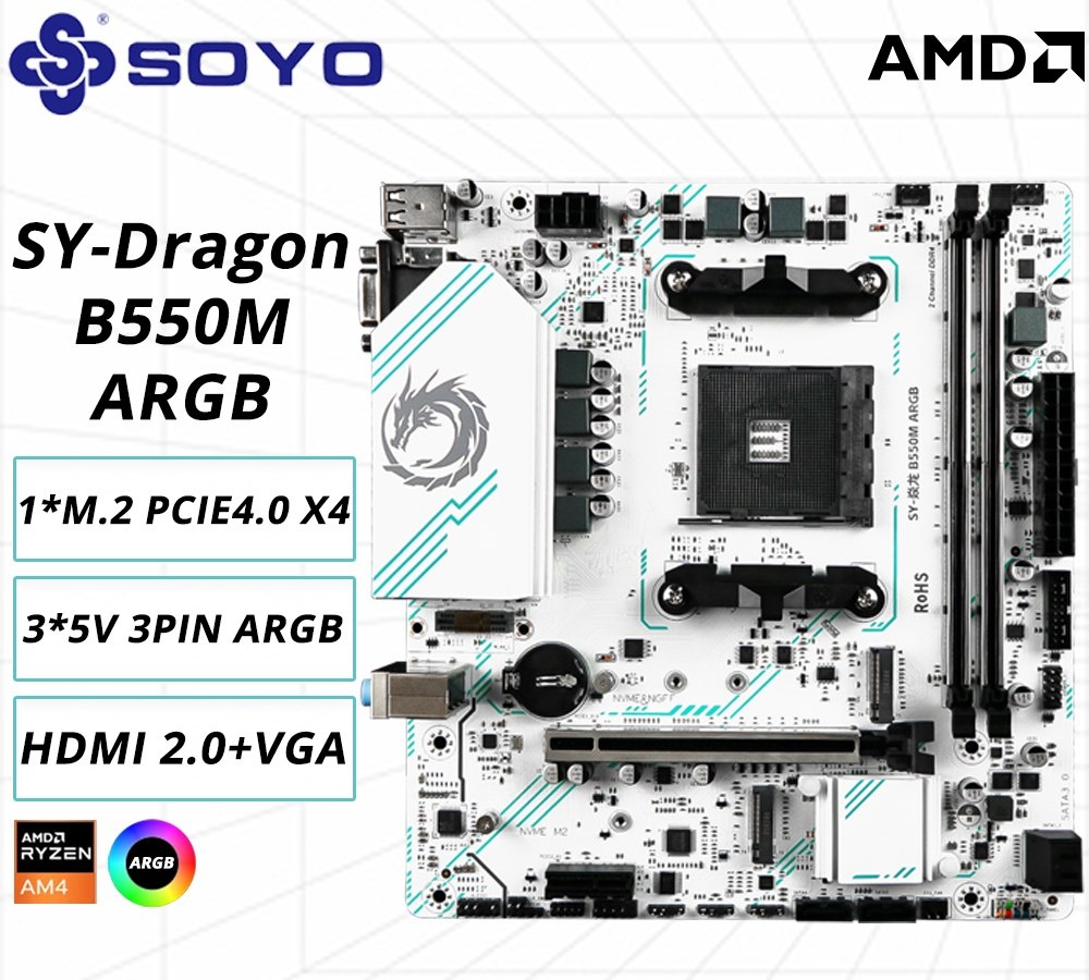 B550m Soyo White Placa Mãe DDR4 AM4 AMD Ryzen Branca
