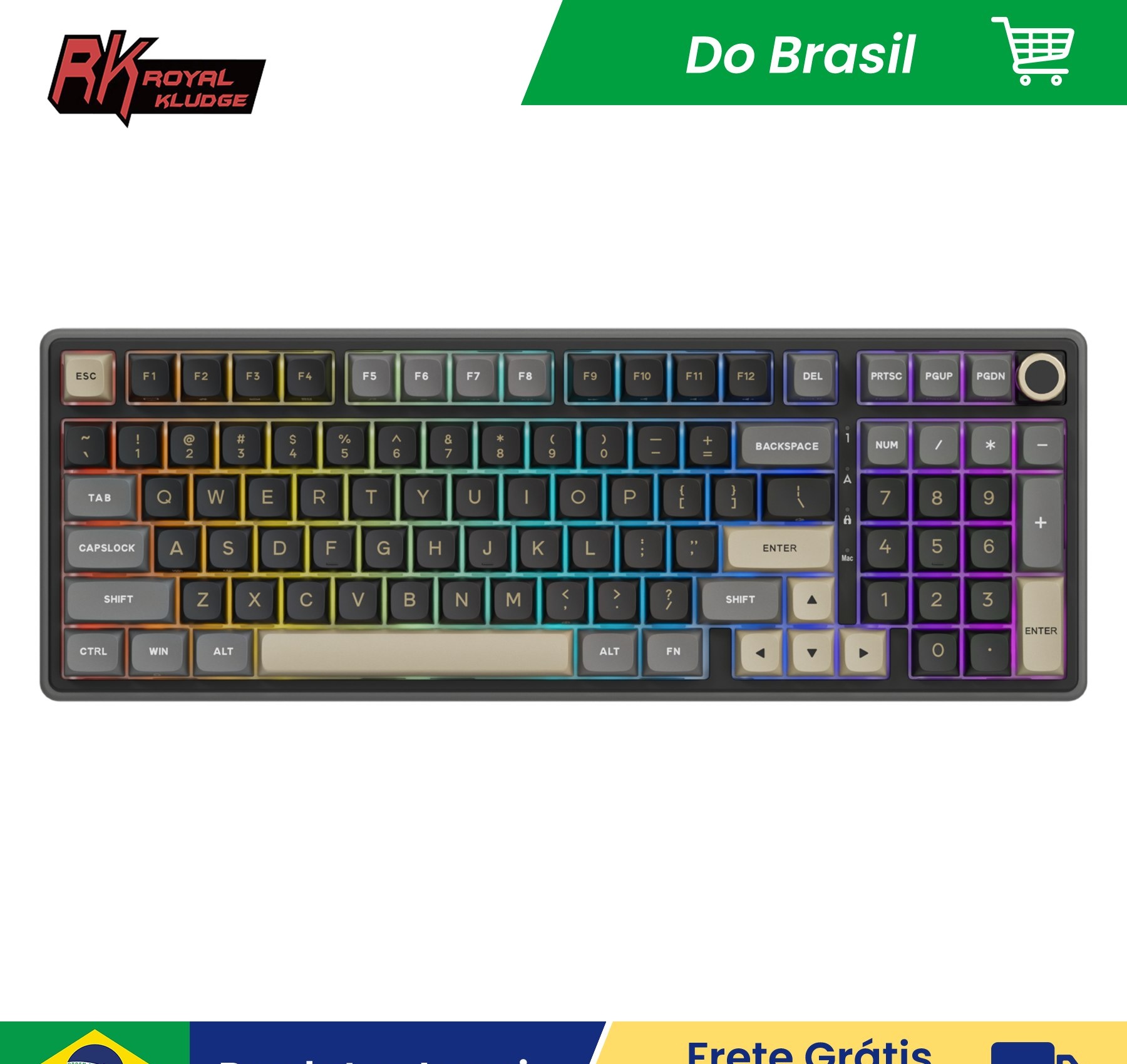 Teclado Gamer Mecânico Royal Kludge RKR98Pro com Fio, Gasket, 98 Teclas, Keycaps PBT, Iluminação RGB, Hot-swappable e Knob de Metal