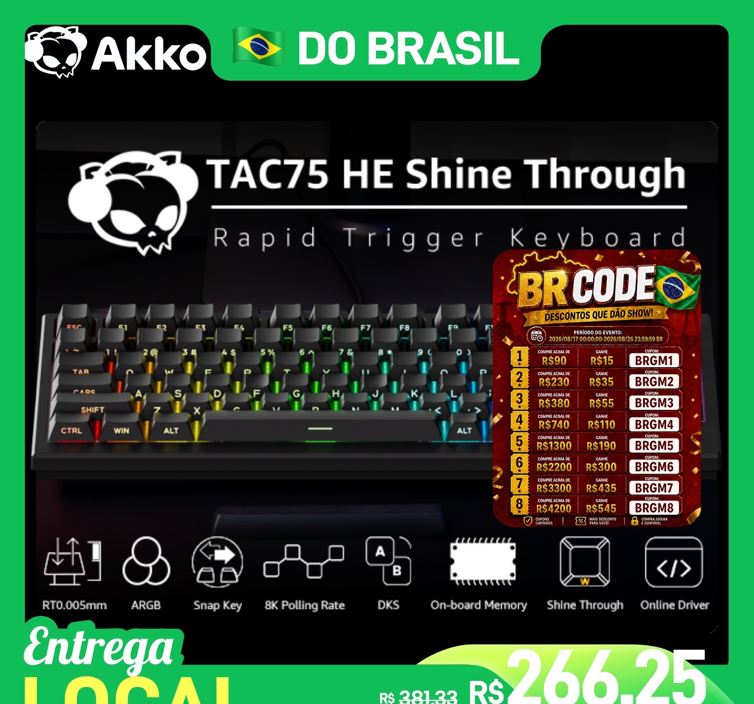 Akko tac75 he 75 Teclado magnético 0.05mm 8000hz RGB magnetico tac 75 tac75he 75he
