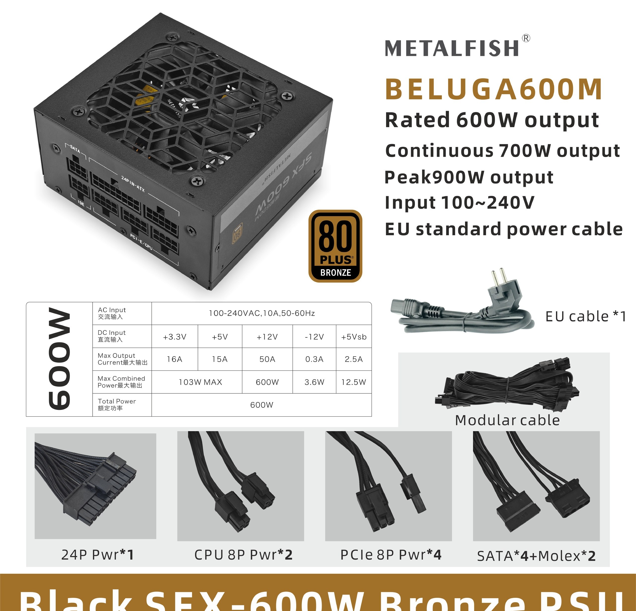 Fonte METALFISH SFX 600W Modular 80Plus Bronze.