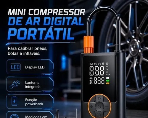 Compressor Portátil Car Air Pump Digital Com Visor Para Carro Moto Bike Calibrador De Pneu Multifuncional