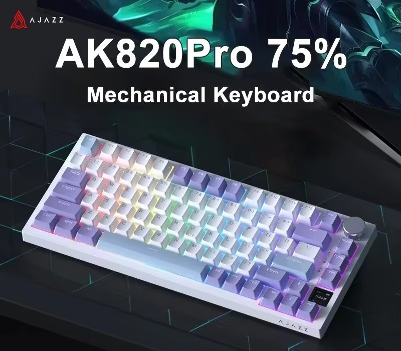 Ajazz AK820 Led White Teclado Mecânico, Switch Red e Blue, Hot Swappable , Knob volume, black white branco preto com fio, wired