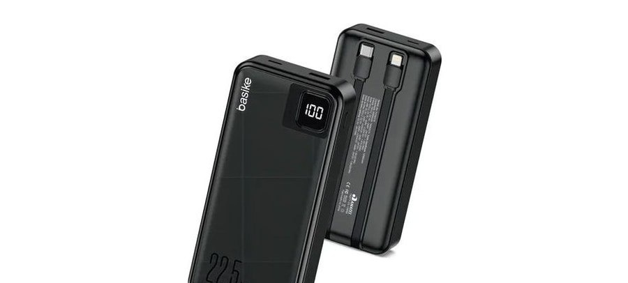 Power Bank Basike 20000mAh Preto, Carga Rápida 22.5W para iPhone e Samsung, Com Cabos Embutidos e Display