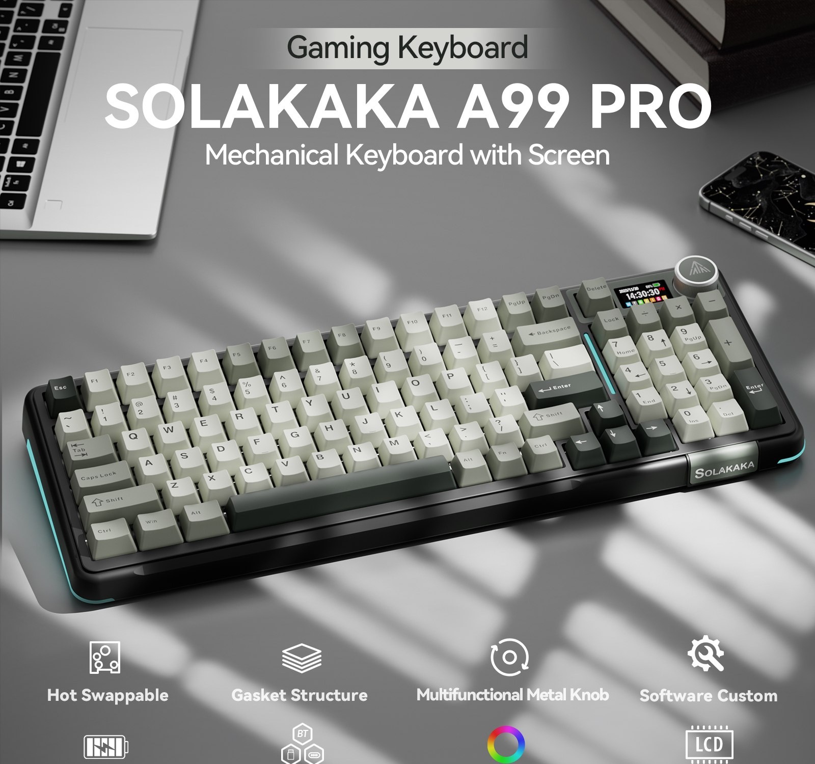 Teclado Mecânico Sem Fio SOLAKAKA A99pro com 97 Teclas, Teclas Hot Swappable e Tela TFT a99 pRO