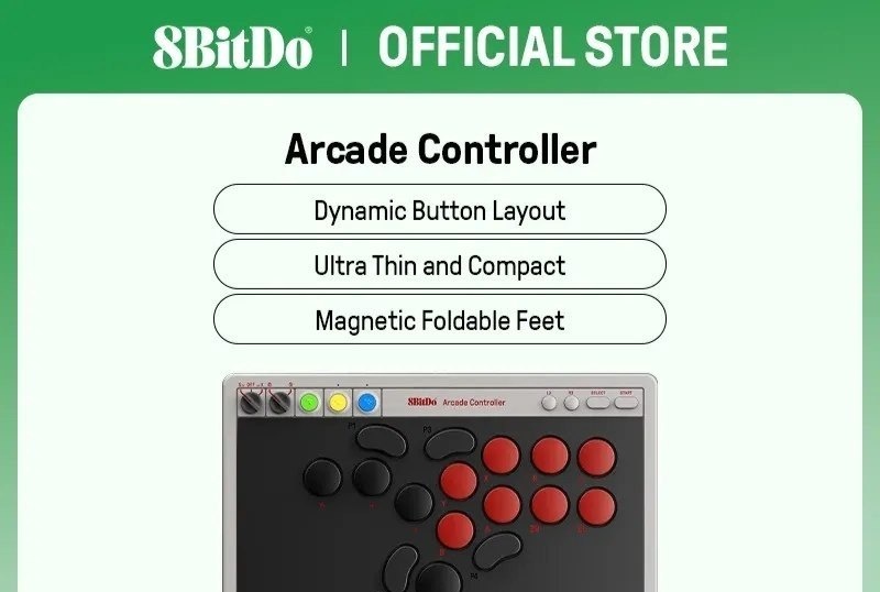 Controle Arcade 8BitDo para Switch 12 e Windows, interruptores mecânicos de baixo perfil, 4 botões programáveis