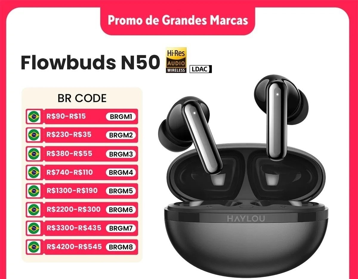 Fones de Ouvido Sem Fio HAYLOU Flowbuds N50 ANC Bluetooth 6.0 com Cancelame Fone n 50