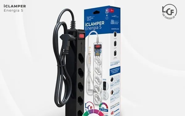 Filtro de Linha com Protetor de Surto DPS iClamper Energia 5 Tomadas 3 Pinos 10 Amperes com Tecnologia LCF Anti Raio Clamper Cor Preto