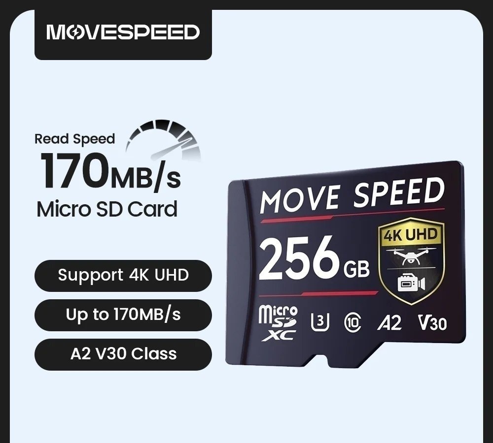 Micro SD Cartão de Memória MOVESPEED B300 128GB  256GB 170MBs TF A2 V30, SDXC, para Câmeras, Filmadoras DV, Câmeras Veiculares e Drones