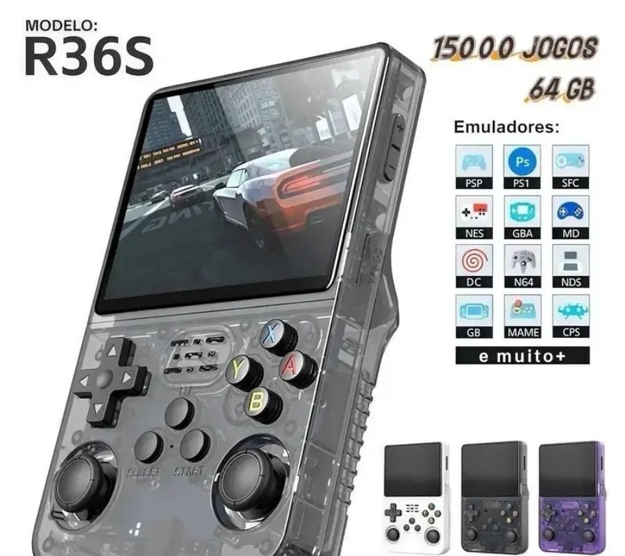 Console Portátil Retrô R36S Tela 3,5 IPS polegadas, 21 emuladores, 64GB 15000 jogos