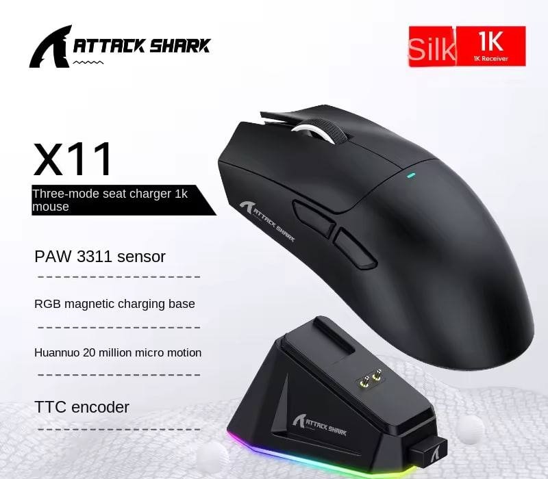 Mouse Sem Fio com Dock Attack Shark X11, Sensor PAW3311