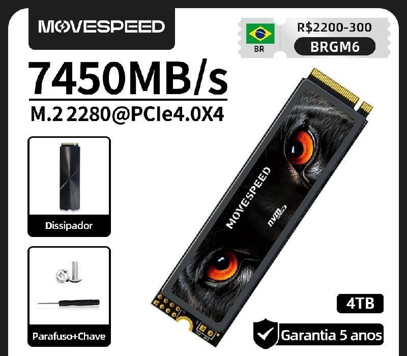 4TB - SSD MOVESPEED NVMe 7450Mbps, acompanha dissipador de calor, e kit de montagem