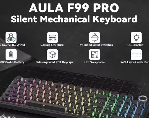 AULA F99Pro Estrutura de junta de teclado de baixo ruído Teclado mecânico RGB de troca quente com botão de mídia
